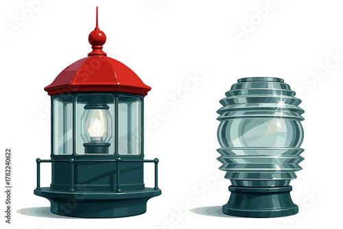 Detailed components of a classic lighthouse lantern room and complex Fresnel lens assembly