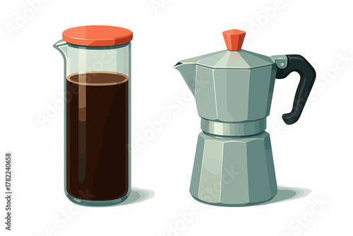 Classic Italian Moka pot coffee maker and glass beaker filled with dark brewed coffee