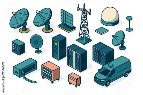 Isometric set of objects representing global network connectivity and digital data storage