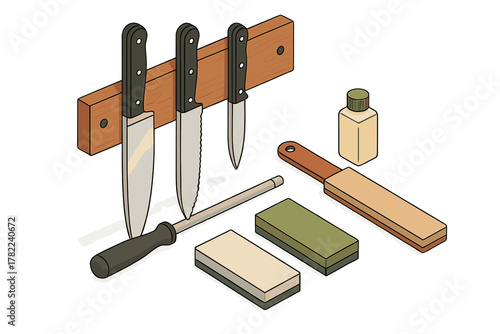 Professional kitchen knives set with magnetic strip and sharpening maintenance tools