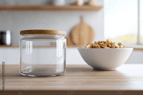 A photorealistic mockup of a blank clear glass jar, no label (for granola), on a kitchen counter next to a bowl of yogurt. Healthy breakfast concept.
