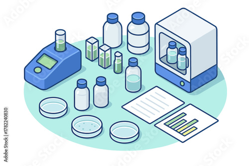 Isometric laboratory setup with scientific instruments, chemical containers, petri dishes, and data reports