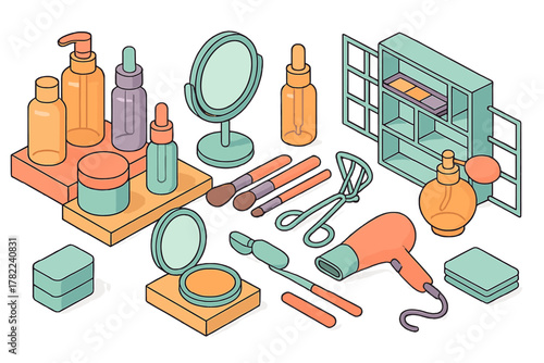 Isometric collection of beauty and makeup products bottles brushes mirror hairdryer
