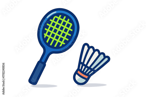 Vibrant blue badminton racket with neon green strings and a white shuttlecock on a clean background