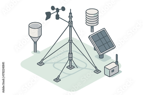Isometric automated weather monitoring station setup with various sensors