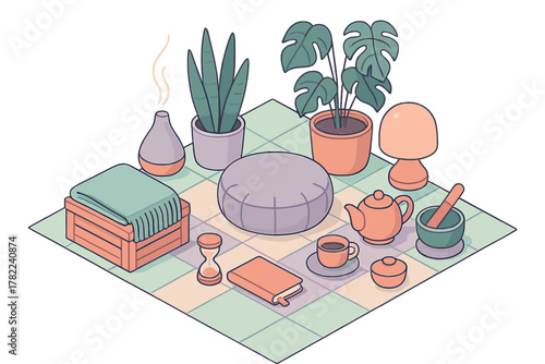 Cozy isometric home wellness setup with meditation cushion, houseplants, tea set, and oil diffuser