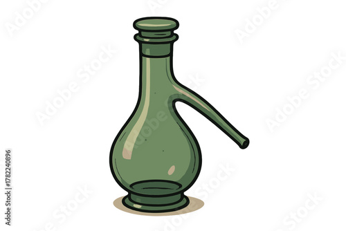 Vintage green glass laboratory retort with stopper and side tube for chemical distillation