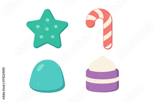 Colorful set of sweet treats: candy cane, star cookie, gumdrop, and frosted cake