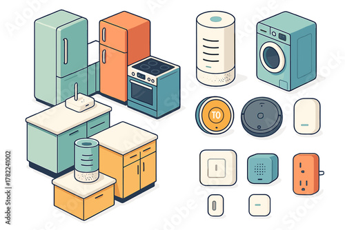 Isometric set of modern smart home appliances and kitchen equipment devices