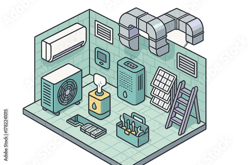 Isometric diagram of HVAC maintenance room with air conditioning units, ventilation ducts, and tools