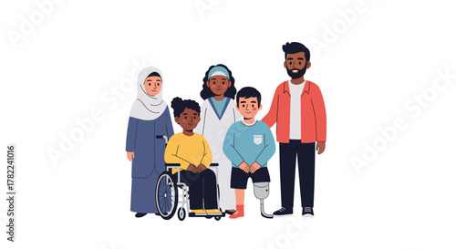 Diverse group celebrates inclusion with a person in a wheelchair, a prosthetic leg, and a medical professional