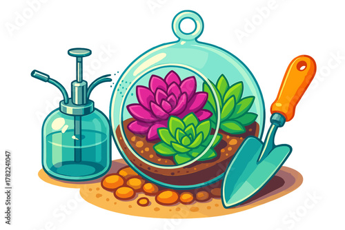 Colorful terrarium with vibrant succulent plants, gardening hand trowel, and water mister bottle
