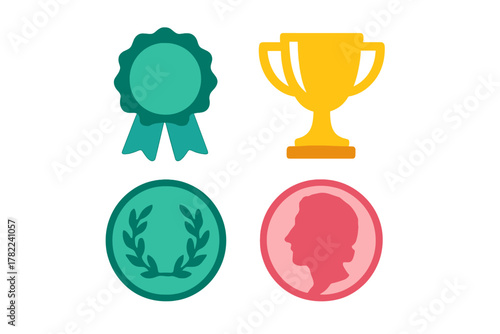 Golden trophy cup, rosette ribbon, and award medals symbolizing success and achievement