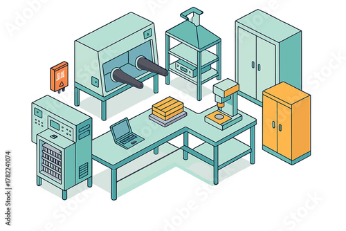 Isometric scientific laboratory setup with equipment, machinery, and workbench
