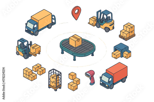 Isometric logistics icons set featuring delivery trucks, forklifts, conveyor belt, and shipping boxes