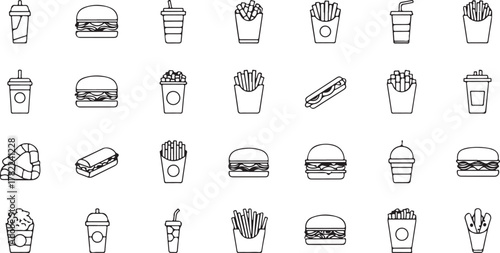Fast Food Icons Collection in Black and White Line Art