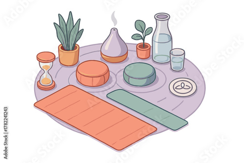 Isometric setup of wellness objects: yoga mat, meditation cushions, hourglass, and diffuser