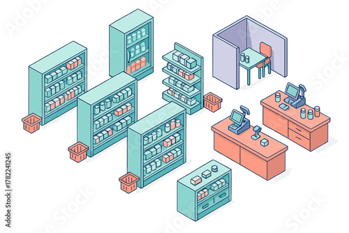 Isometric layout of a small retail store interior with product aisles and checkout counters