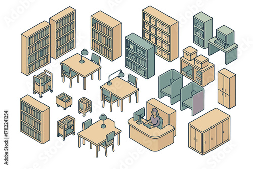 Isometric library furniture collection including bookshelves, reading tables, and staff desk