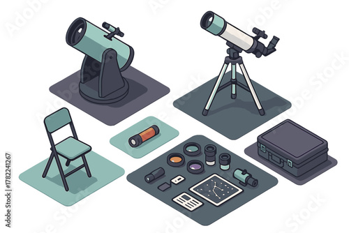 Isometric set of amateur astronomy equipment with telescopes, eyepieces, chair, and star chart