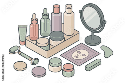 Isometric beauty and skincare products with bottles, jars, mirror, face roller, and facial mask