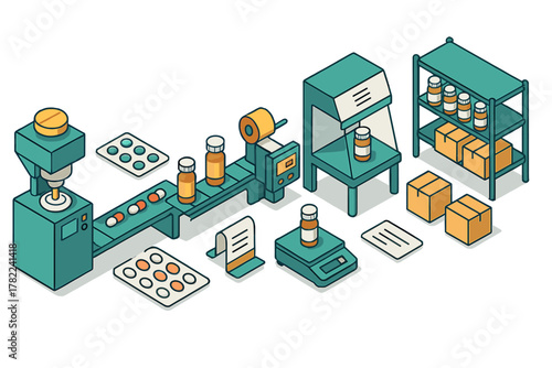 Modern isometric pharmaceutical factory floor showing automated capsule filling, labeling, and warehouse logistics