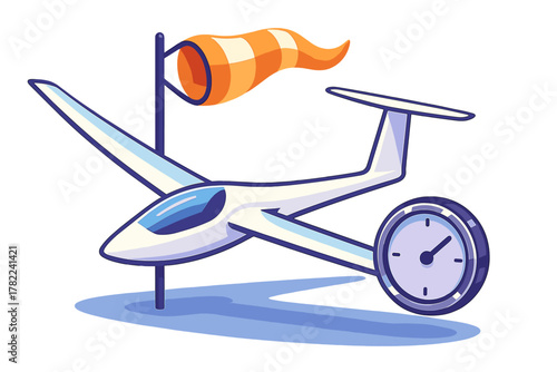 White sailplane aircraft next to a windsock and a large clock measuring flight time