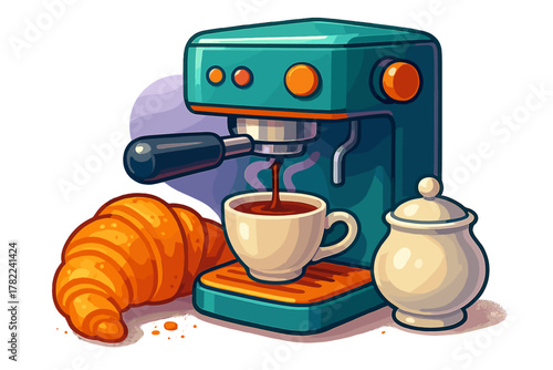 Espresso machine brewing coffee into a cup next to a croissant and sugar bowl