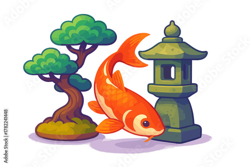 Colorful koi fish swimming near an ancient stone lantern and sculpted bonsai tree in a Japanese garden