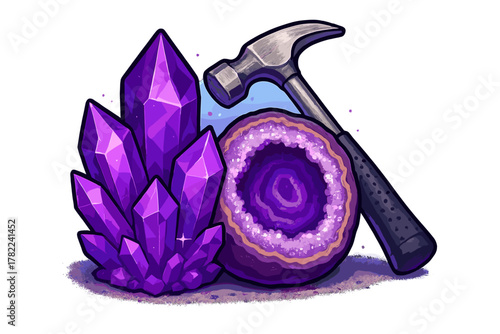Shiny purple amethyst crystals, a cut geode, and a hammer used for geological exploration