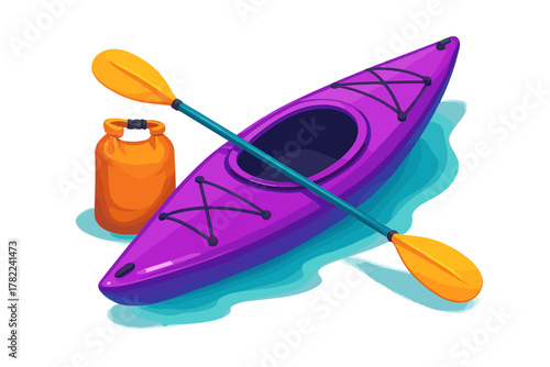 Purple kayak with orange paddle and dry bag floating on blue water for summer adventure