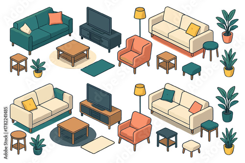 Isometric living room furniture set including sofas armchairs tables lamps and house plants