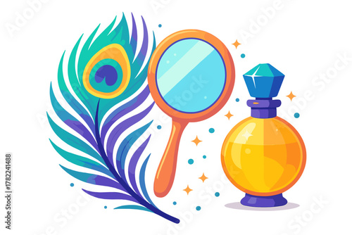 Colorful peacock feather next to a round hand mirror and a luxurious golden perfume bottle