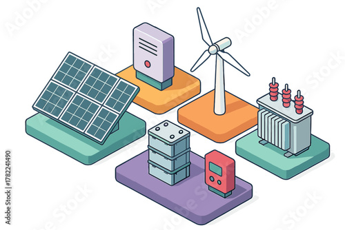 Isometric layout of renewable energy infrastructure elements: solar panel, wind turbine, battery storage, and power transformer