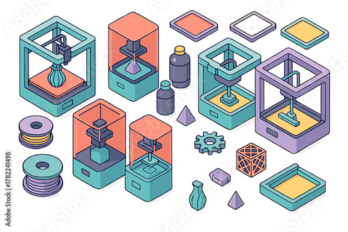 Modern isometric 3D printers, resin tanks, filament spools, and printed prototypes technology set