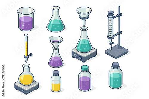 Isometric set of chemistry laboratory glassware and scientific research equipment