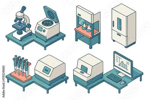 Essential biotechnology and medical research laboratory equipment set in isometric perspective