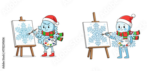 Cartoon holiday snowflake artist painting snowflakes on canvas with joy