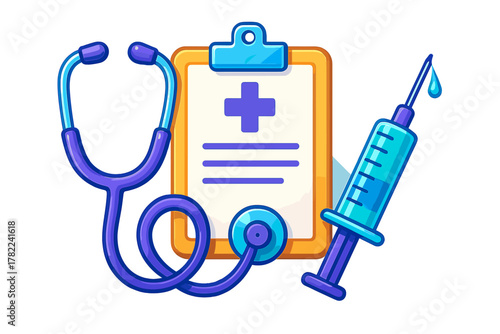 Brightly colored medical instruments: stethoscope, patient record clipboard, and hypodermic needle
