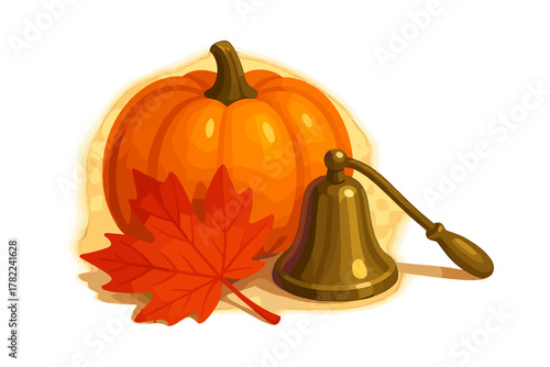 Classic autumn arrangement with a ripe orange pumpkin, vibrant red maple leaf, and vintage brass hand bell