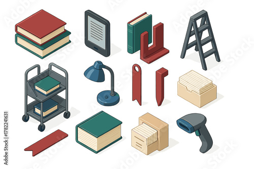 Isometric collection of library and reading supplies including books, scanner, and cart