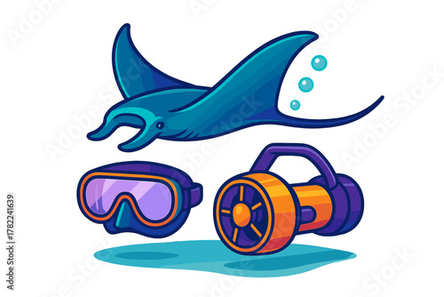 Manta ray swimming above colorful scuba diving mask and underwater sea scooter equipment set