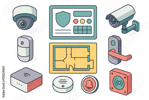 Isometric smart home security devices set including surveillance cameras, motion sensors, alarm systems, and floor plan