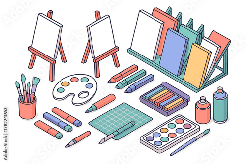 Assortment of professional and hobby art materials like easels, paintbrushes, markers, and colorful canvases