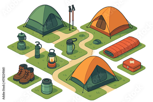 Isometric arrangement of essential camping and hiking gear including tents, sleeping bags, boots, and lanterns