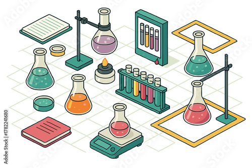 Isometric arrangement of chemistry lab apparatus, glassware, and tools for scientific analysis