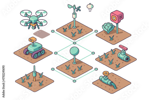 Smart farming system components including drone, autonomous robot, weather sensors, and irrigation equipment