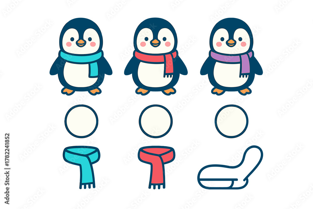 Fototapeta premium Adorable cartoon penguins dressed in warm winter scarves standing together with seasonal accessories