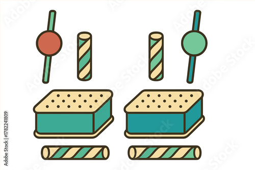 Colorful frozen desserts including ice cream sandwiches, wafer rolls, and round popsicles