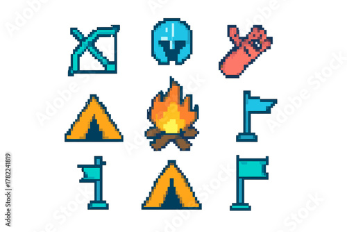 Colorful pixel icons set depicting outdoor adventure elements: tents, campfire, flags, and weaponry